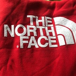 Men’s red north face hoodie, size L